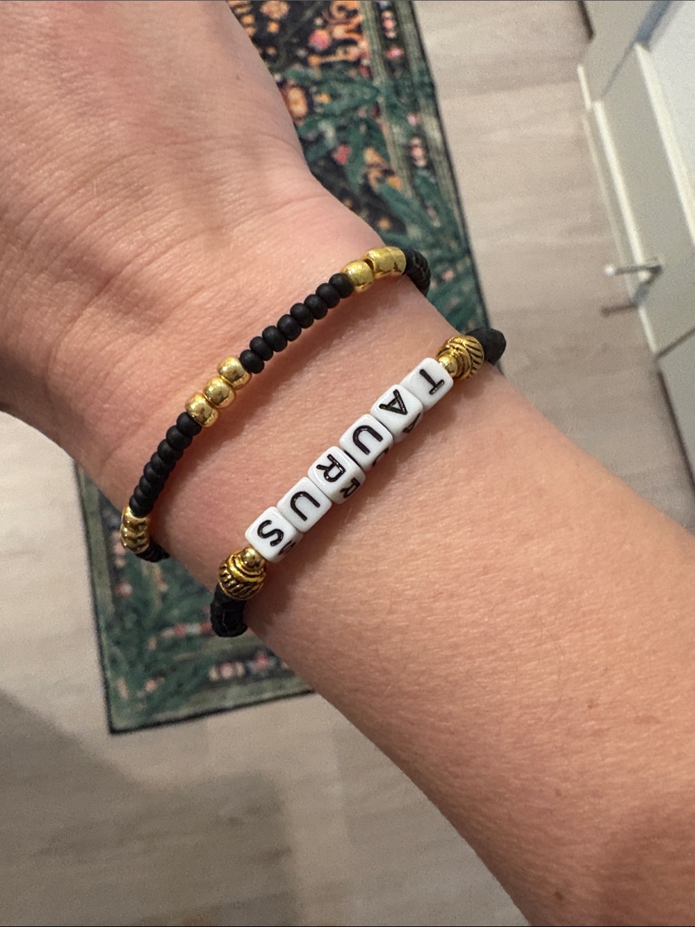 TAURUS Letter Bead Bracelet - Black & Gold Stretch Bracelet Set